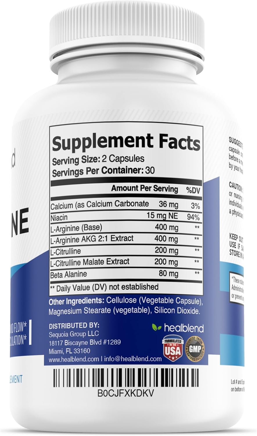 3-Pack L-Arginine Plus Supplement with Calcium, Niacin, L-Citrulline, and Beta Alanine - 180 Capsules