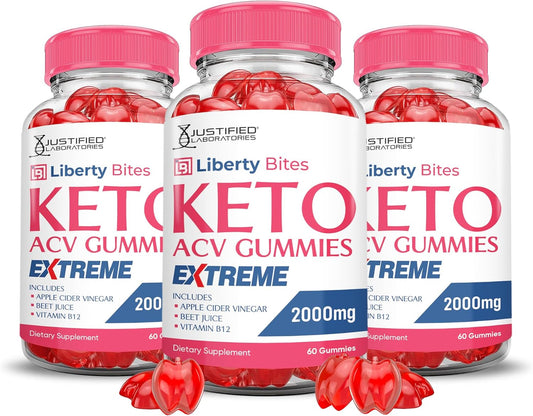 3 Pack Liberty Bites Keto ACV Gummies - 2000MG Extreme Strength - Vegan & Non-GMO - Apple Cider Vinegar with Pomegranate & Beet Juice Powder - B12 - 180 Gummies