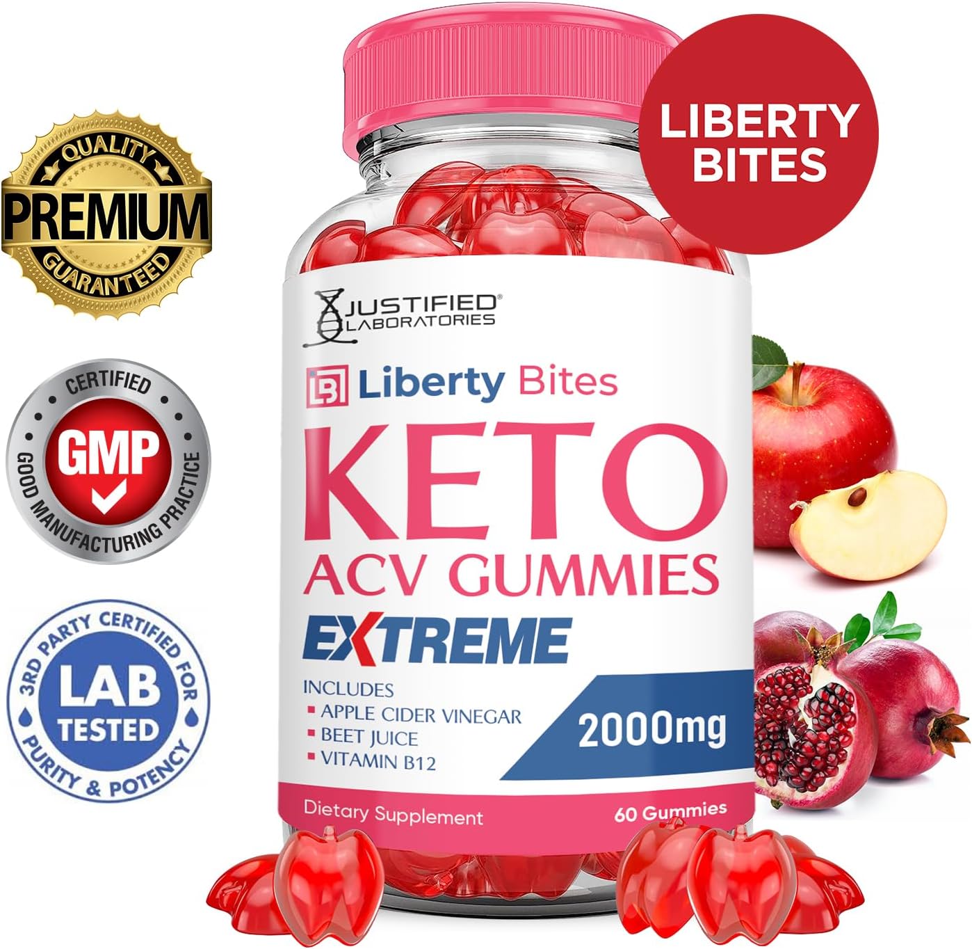 3 Pack Liberty Bites Keto ACV Gummies - 2000MG Extreme Strength - Vegan & Non-GMO - Apple Cider Vinegar with Pomegranate & Beet Juice Powder - B12 - 180 Gummies