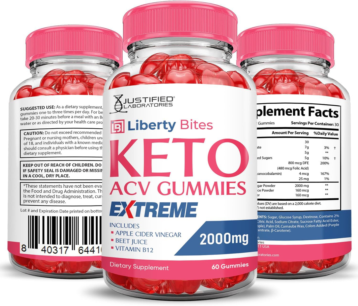 3 Pack Liberty Bites Keto ACV Gummies - 2000MG Extreme Strength - Vegan & Non-GMO - Apple Cider Vinegar with Pomegranate & Beet Juice Powder - B12 - 180 Gummies