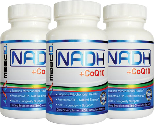 3-Pack MAAC10 NADH + CoQ10 Chewable Tablets - 180 Tablets | Supports Energy, Fatigue, and NAD+ | Non-GMO, Gluten Free, Vegetarian | 50mg NADH + 100mg CoQ10 | 3 Month Supply