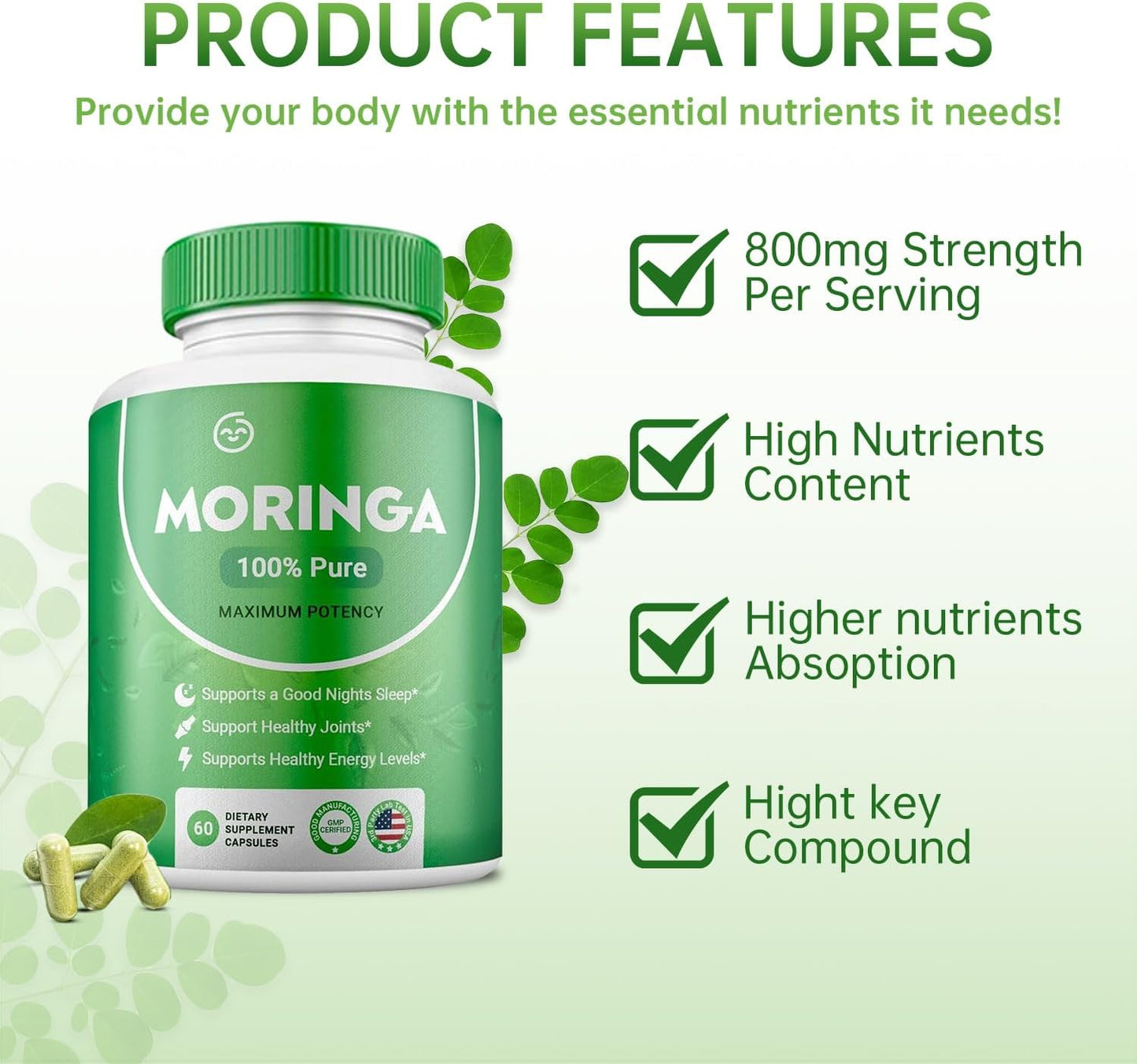 3-Pack Moringa Powder Capsules - Pure Green Antioxidant Superfood - Boosts Energy, Skin & Gut Health - Rich in Vitamins & Amino Acids