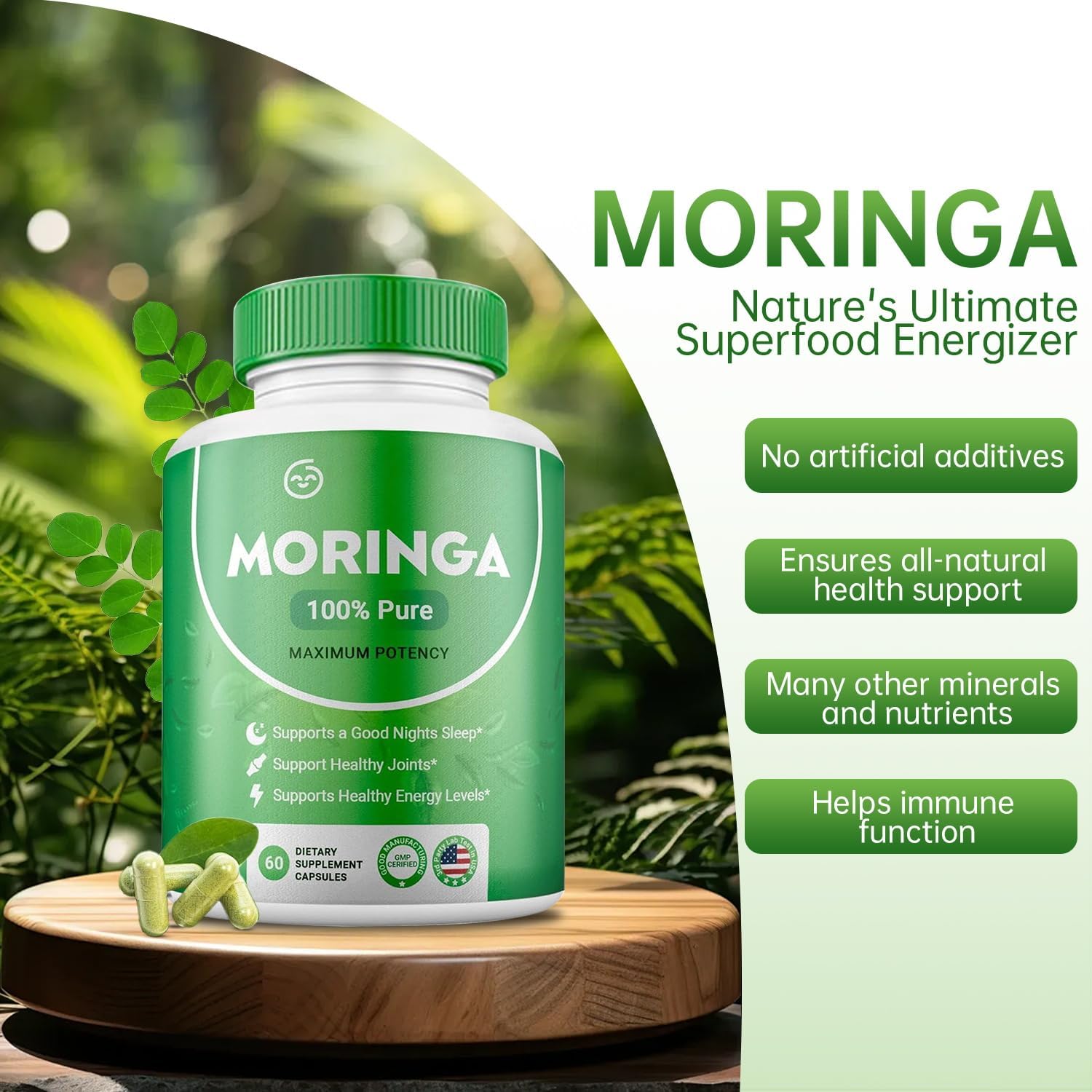 3-Pack Moringa Powder Capsules - Pure Green Antioxidant Superfood - Boosts Energy, Skin & Gut Health - Rich in Vitamins & Amino Acids