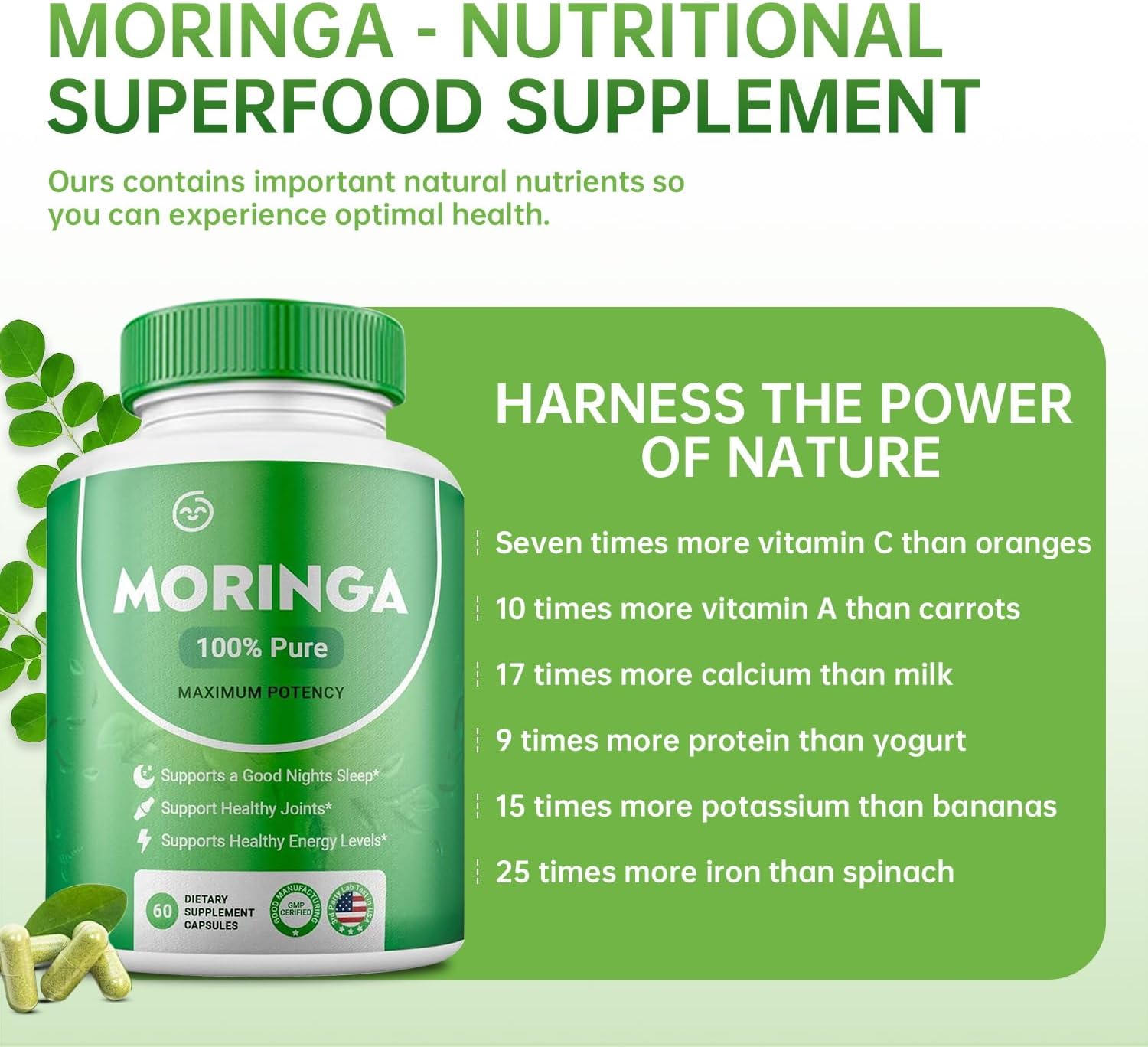 3-Pack Moringa Powder Capsules - Pure Green Antioxidant Superfood - Boosts Energy, Skin & Gut Health - Rich in Vitamins & Amino Acids