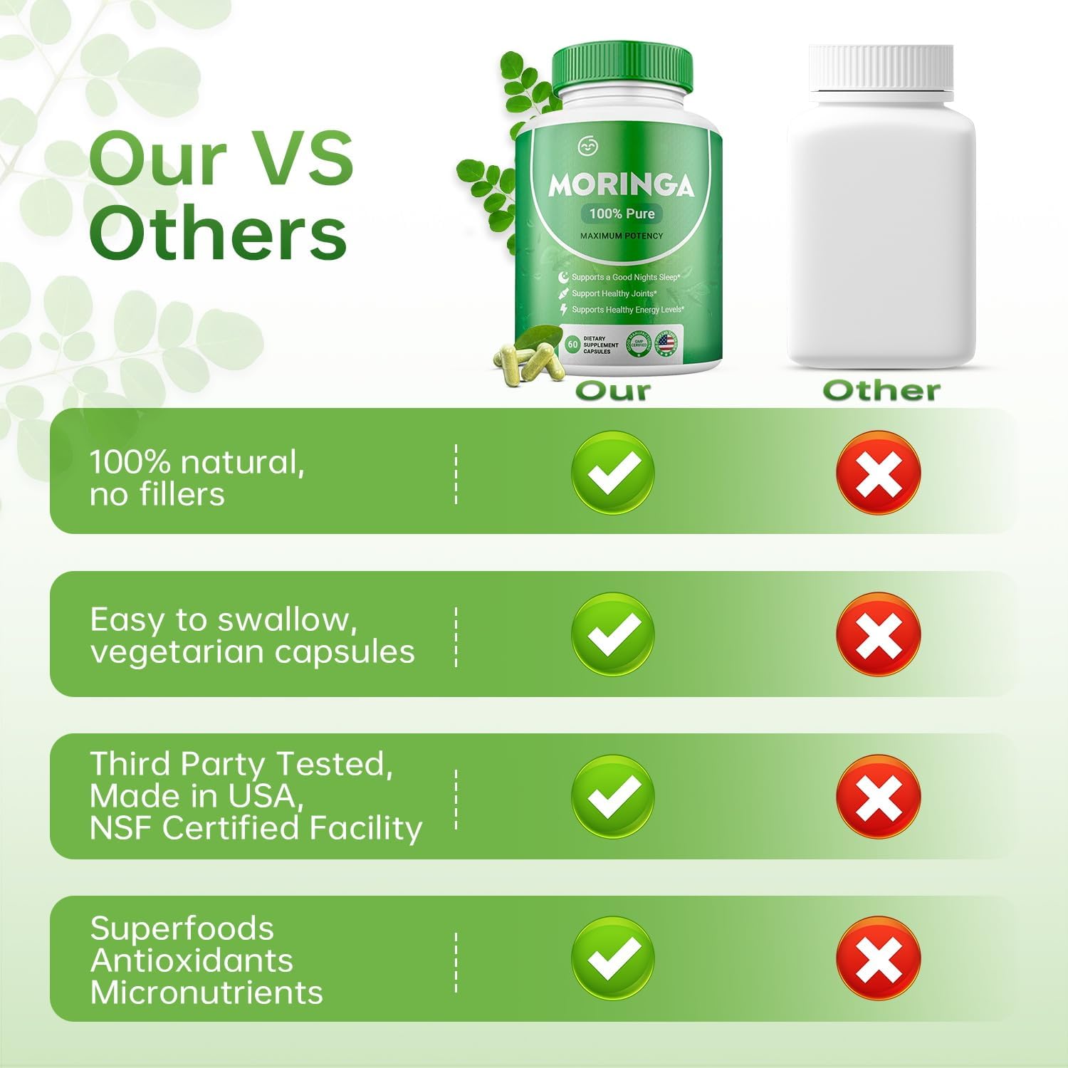 3-Pack Moringa Powder Capsules - Pure Green Antioxidant Superfood - Boosts Energy, Skin & Gut Health - Rich in Vitamins & Amino Acids