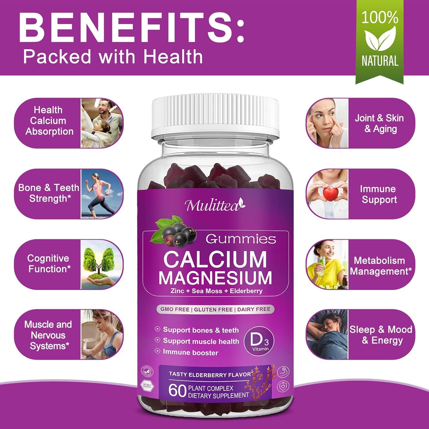 3 Pack Multivitamin Gummies with Calcium, Magnesium, Zinc, High Absorption Magnesium Glycinate, Potassium, Plant Calcium, Vitamin D3, Sea Moss - Bone, Muscle, Calm Mood, Sleep Support - Kids & Adults
