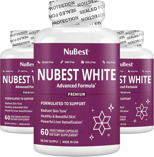 3 Pack NuBest White Skin Brightening Supplement with Glutathione 400mg & Milk Thistle Extract - Antioxidant & Detox - 3 Months Supply for Beautiful Skin