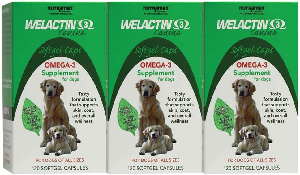 3 Pack Nutramax Welactin Omega-3 Fish Oil Skin & Coat Health Liquid Supplement for Dogs - 360 Softgels