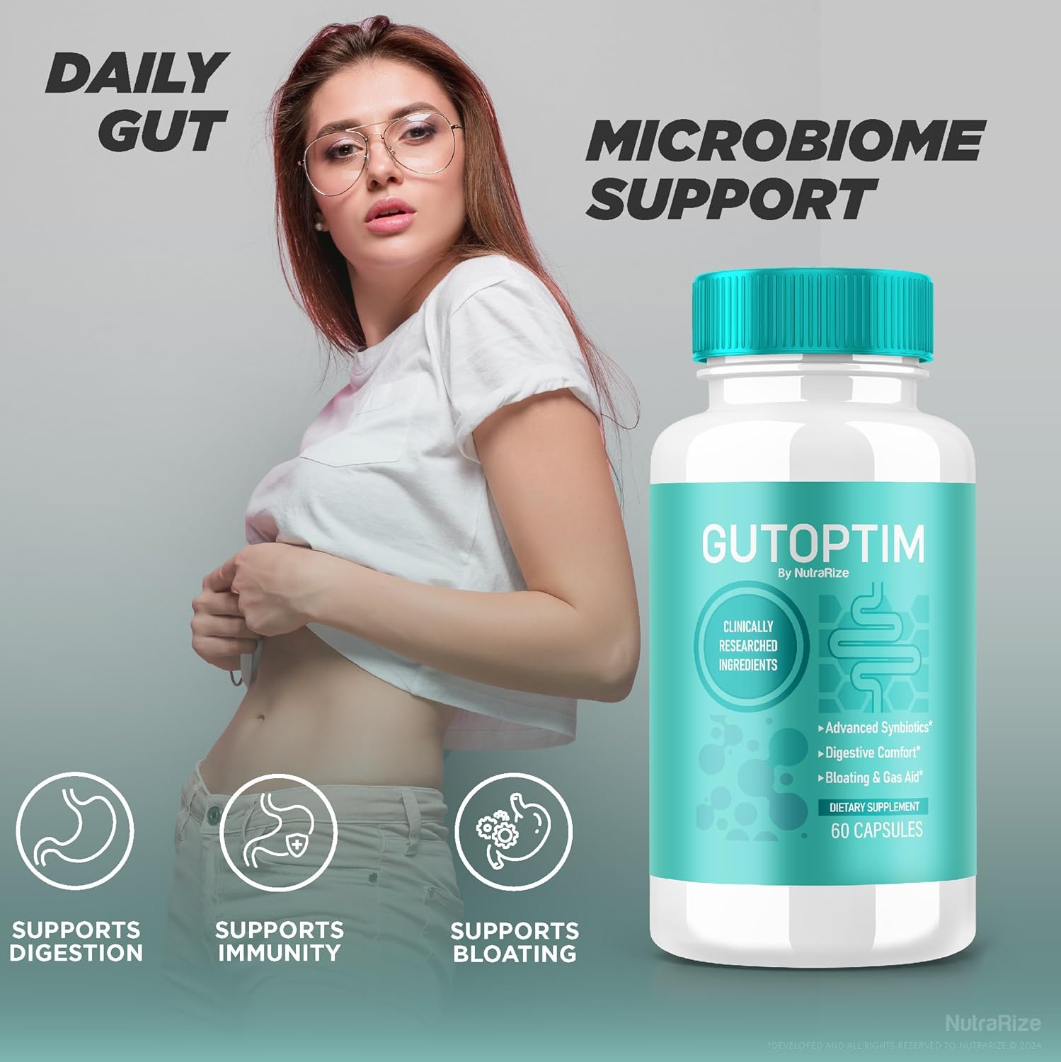 3 Pack NutraRize GutOptim Vitamin Capsules for Gut Health, All Natural Digestive Wellness Supplement - Extra Strength Formula with 180 Capsules