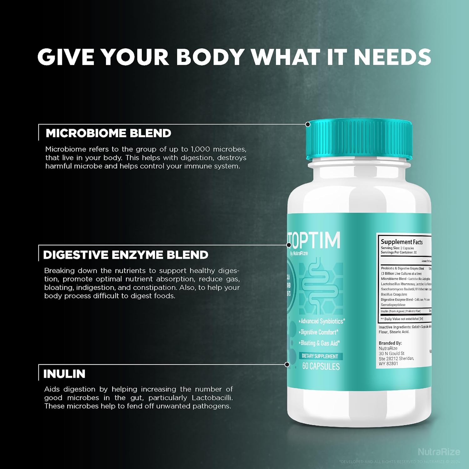 3 Pack NutraRize GutOptim Vitamin Capsules for Gut Health, All Natural Digestive Wellness Supplement - Extra Strength Formula with 180 Capsules