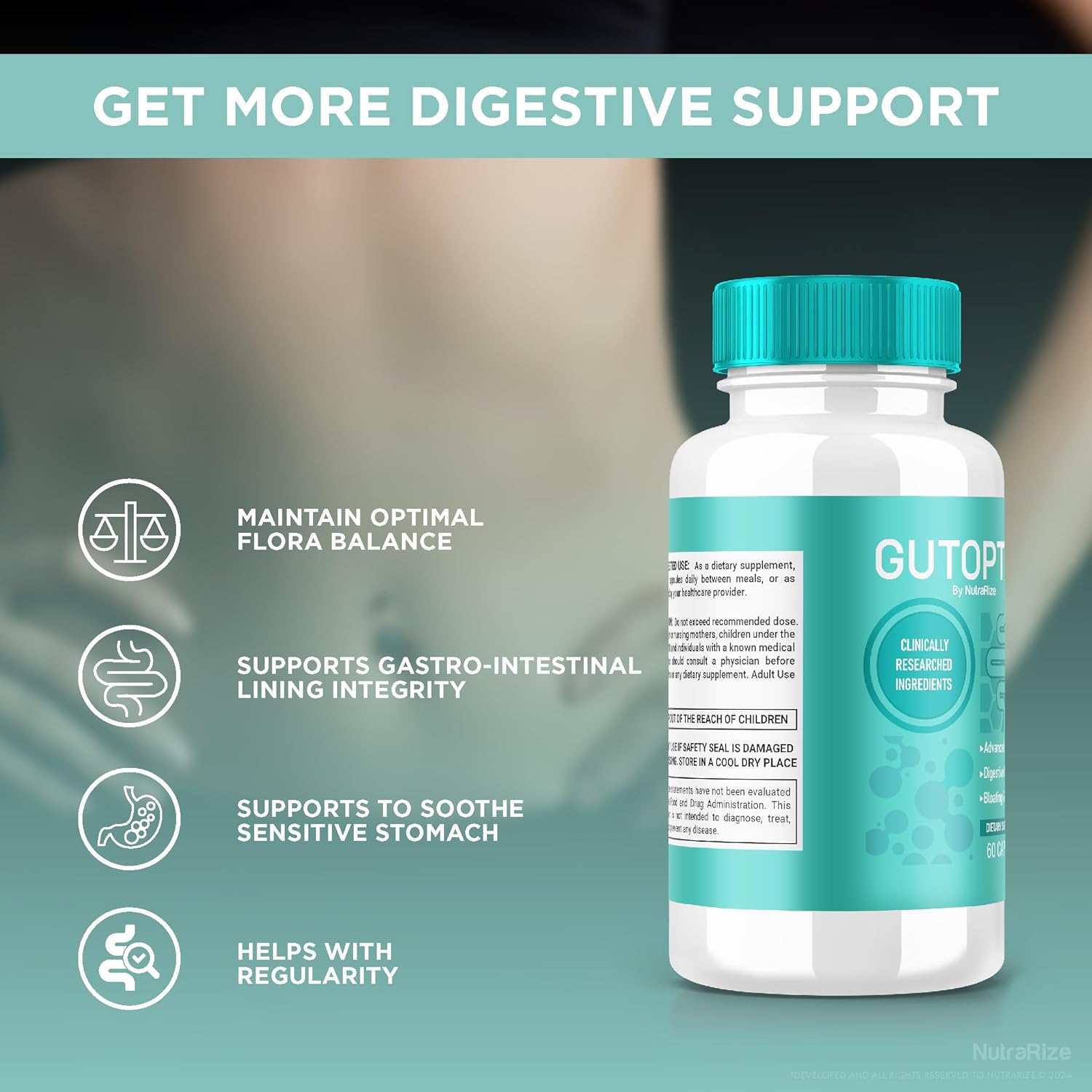 3 Pack NutraRize GutOptim Vitamin Capsules for Gut Health, All Natural Digestive Wellness Supplement - Extra Strength Formula with 180 Capsules