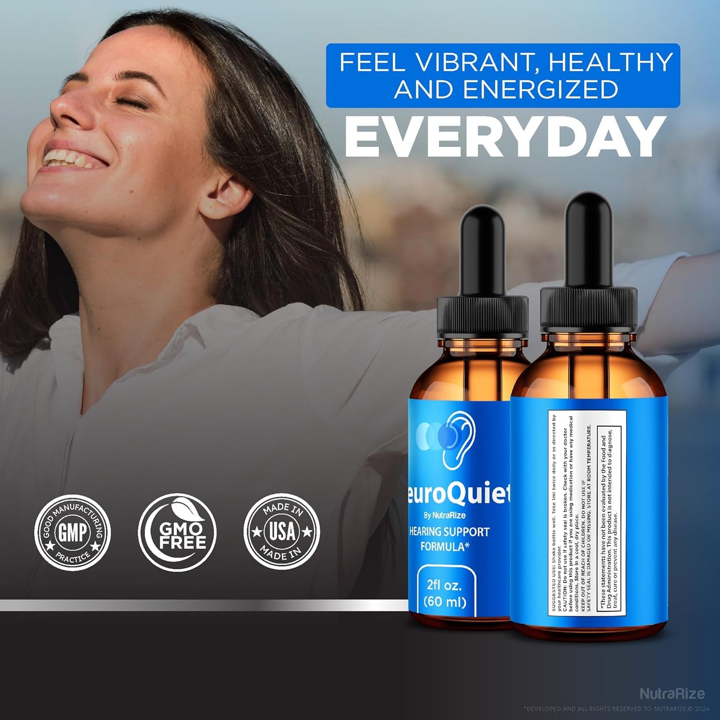 3 Pack NutraRize NeuroQuiet Drops - Cognitive Performance Support Formula for Auditory Health - All Natural Hearing Support Supplement (90 Servings)