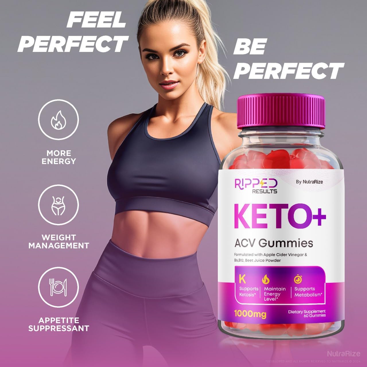 3-Pack NutraRize Ripped Results Keto+ACV Gummies for Advanced Weight Loss - 180 Gummies