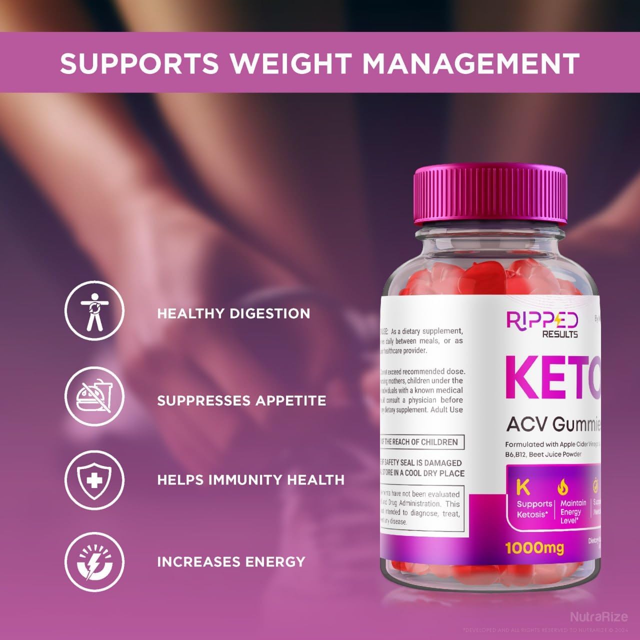 3-Pack NutraRize Ripped Results Keto+ACV Gummies for Advanced Weight Loss - 180 Gummies