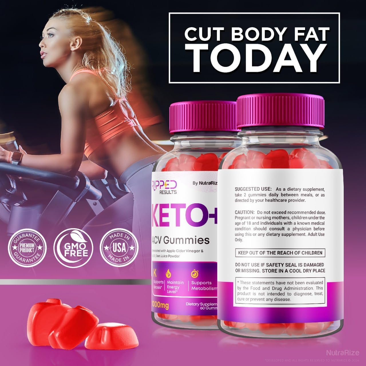 3-Pack NutraRize Ripped Results Keto+ACV Gummies for Advanced Weight Loss - 180 Gummies