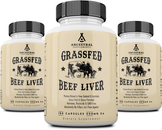 3-Pack of Ancestral Supplements Grass-Fed Beef Liver Capsules for Energy, Digestion, and Immunity - 180 Capsules
