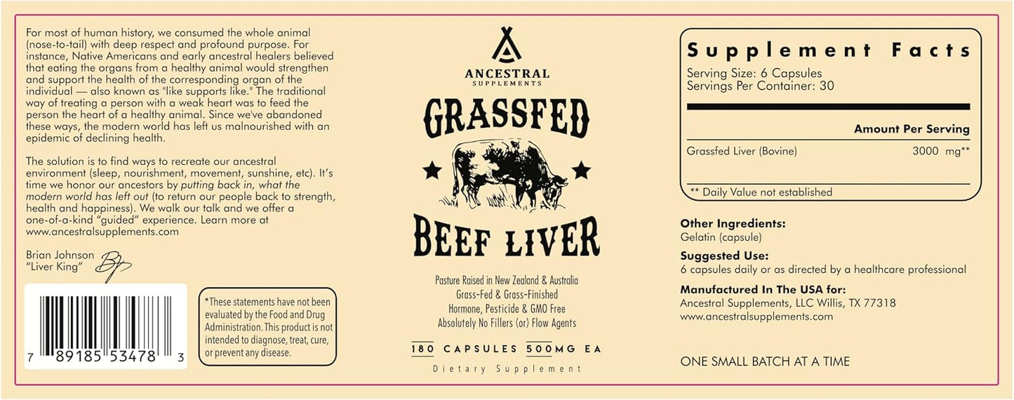 3-Pack of Ancestral Supplements Grass-Fed Beef Liver Capsules for Energy, Digestion, and Immunity - 180 Capsules