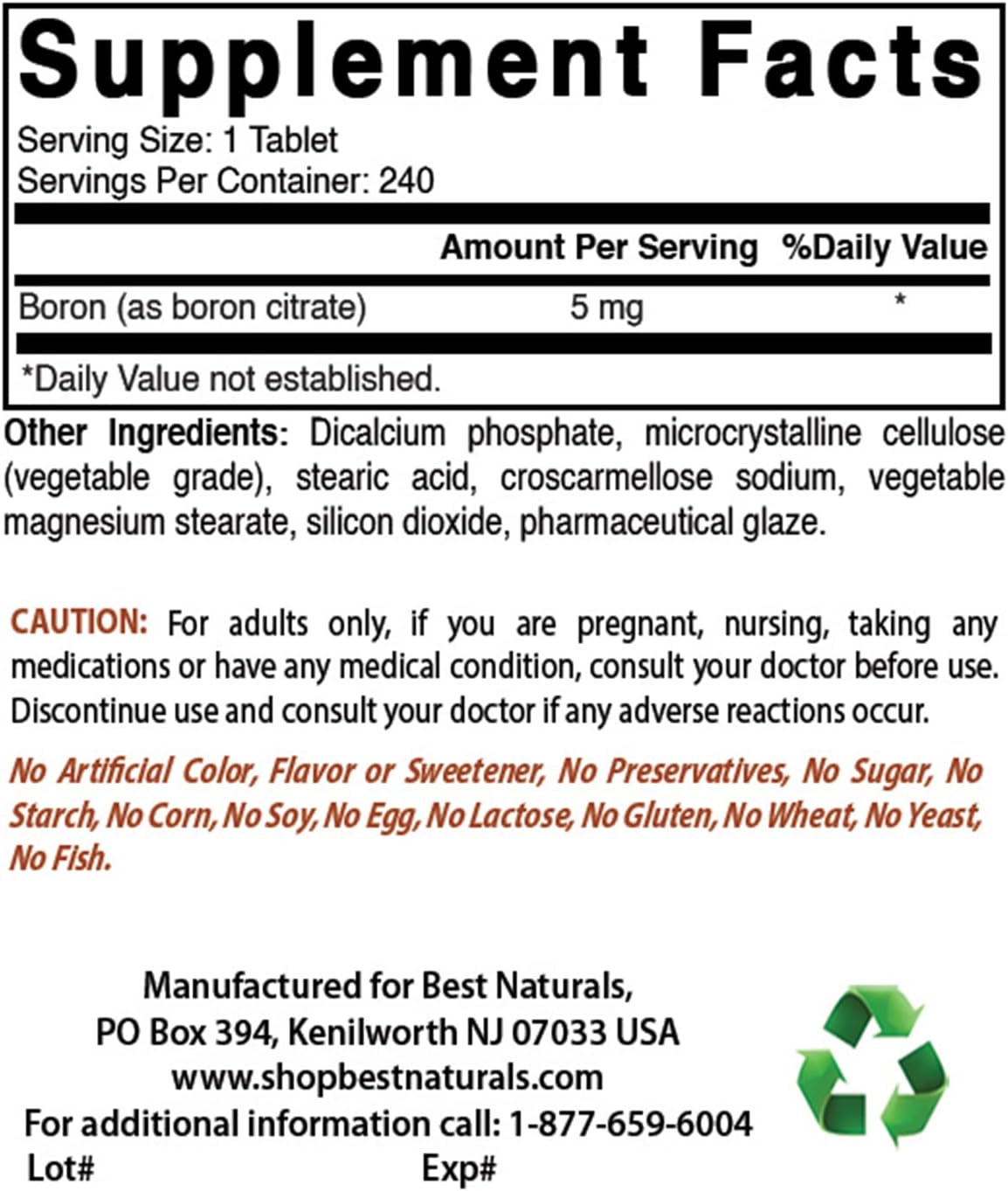 3-Pack of Best Naturals Boron Supplements - 5 mg, 240 Tablets per Bottle