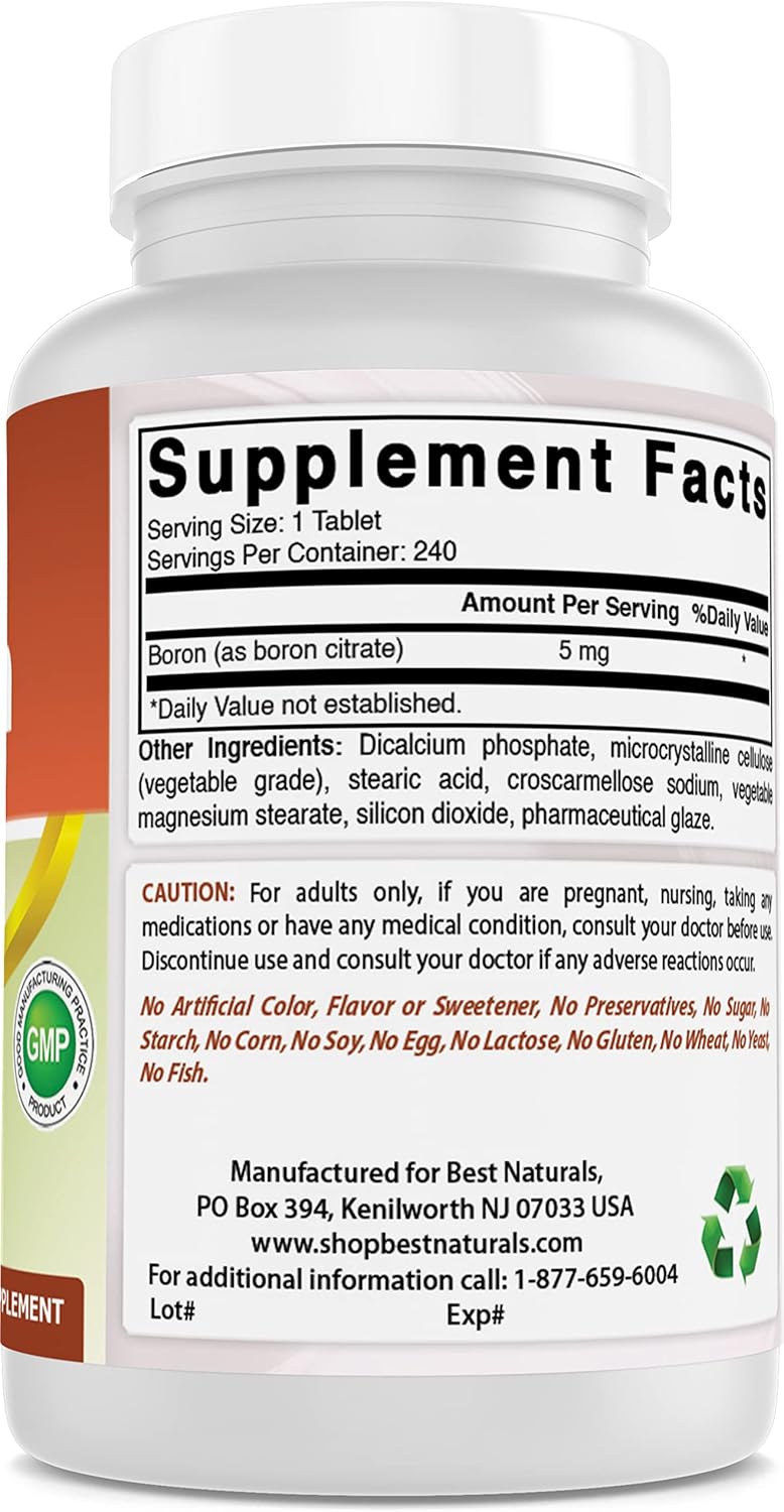 3-Pack of Best Naturals Boron Supplements - 5 mg, 240 Tablets per Bottle