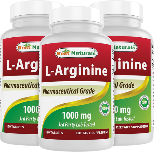 3 Pack of Best Naturals L-Arginine 1000mg Tablets - Pharmaceutical Grade Supplement for Nitric Oxide Production (360 Tablets Total)