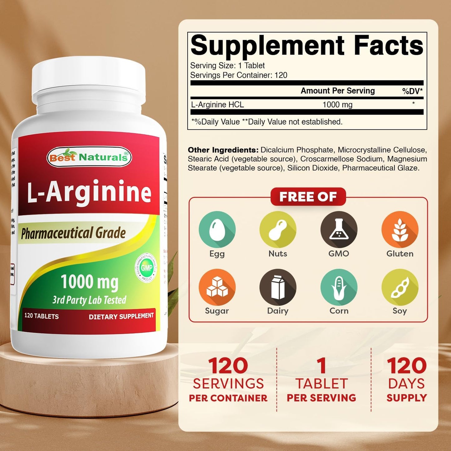 3 Pack of Best Naturals L-Arginine 1000mg Tablets - Pharmaceutical Grade Supplement for Nitric Oxide Production (360 Tablets Total)
