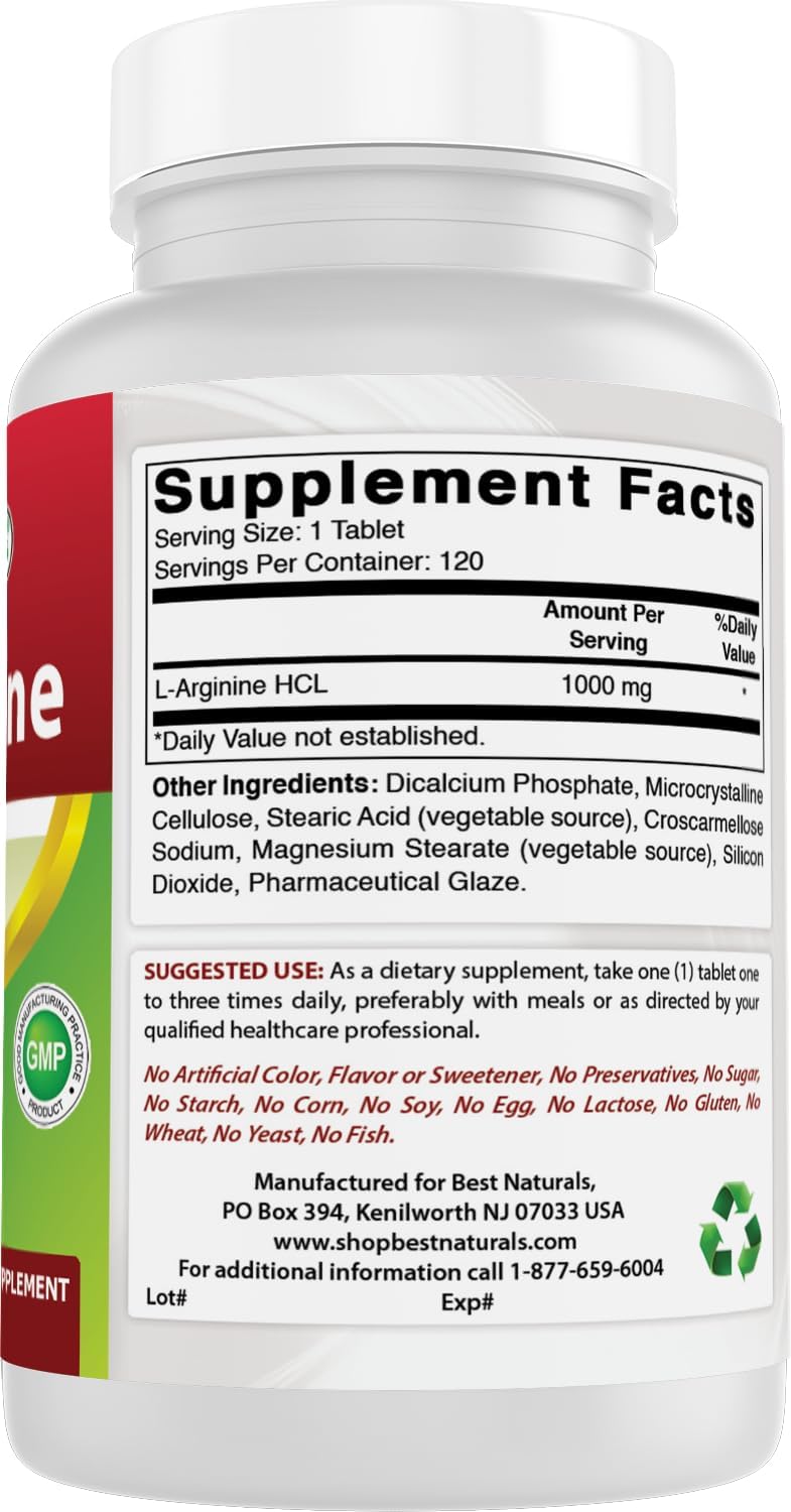 3 Pack of Best Naturals L-Arginine 1000mg Tablets - Pharmaceutical Grade Supplement for Nitric Oxide Production (360 Tablets Total)
