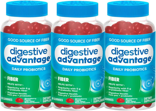 3 Pack of Digestive Advantage Prebiotic Fiber Gummies with Probiotics for Adults - Strawberry Flavor, 60 Count