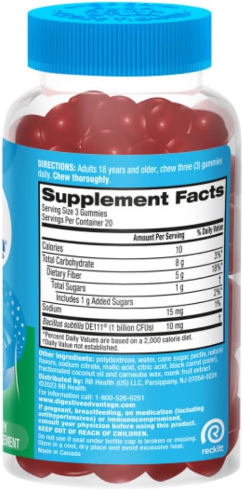 3 Pack of Digestive Advantage Prebiotic Fiber Gummies with Probiotics for Adults - Strawberry Flavor, 60 Count