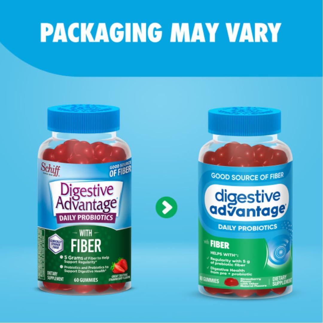 3 Pack of Digestive Advantage Prebiotic Fiber Gummies with Probiotics for Adults - Strawberry Flavor, 60 Count