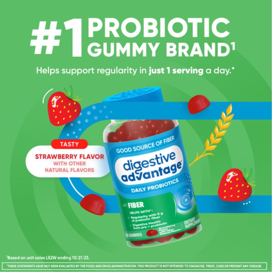 3 Pack of Digestive Advantage Prebiotic Fiber Gummies with Probiotics for Adults - Strawberry Flavor, 60 Count