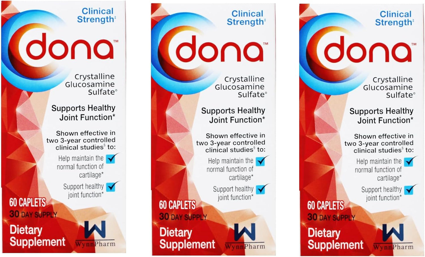 3 Pack of DONA Crystalline Glucosamine Sulfate Caplets - 180 Capsules in Total