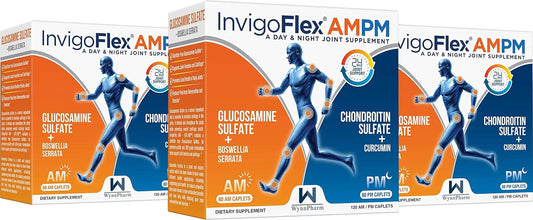 3 Pack of Generic INVIGOFLEX® AMPM - Premium Joint Supplement with Glucosamine, Chondroitin, Turmeric, and Boswellia Serrata for Knees, Hands, Back, and Hip - Non GMO - 24 Hour Support