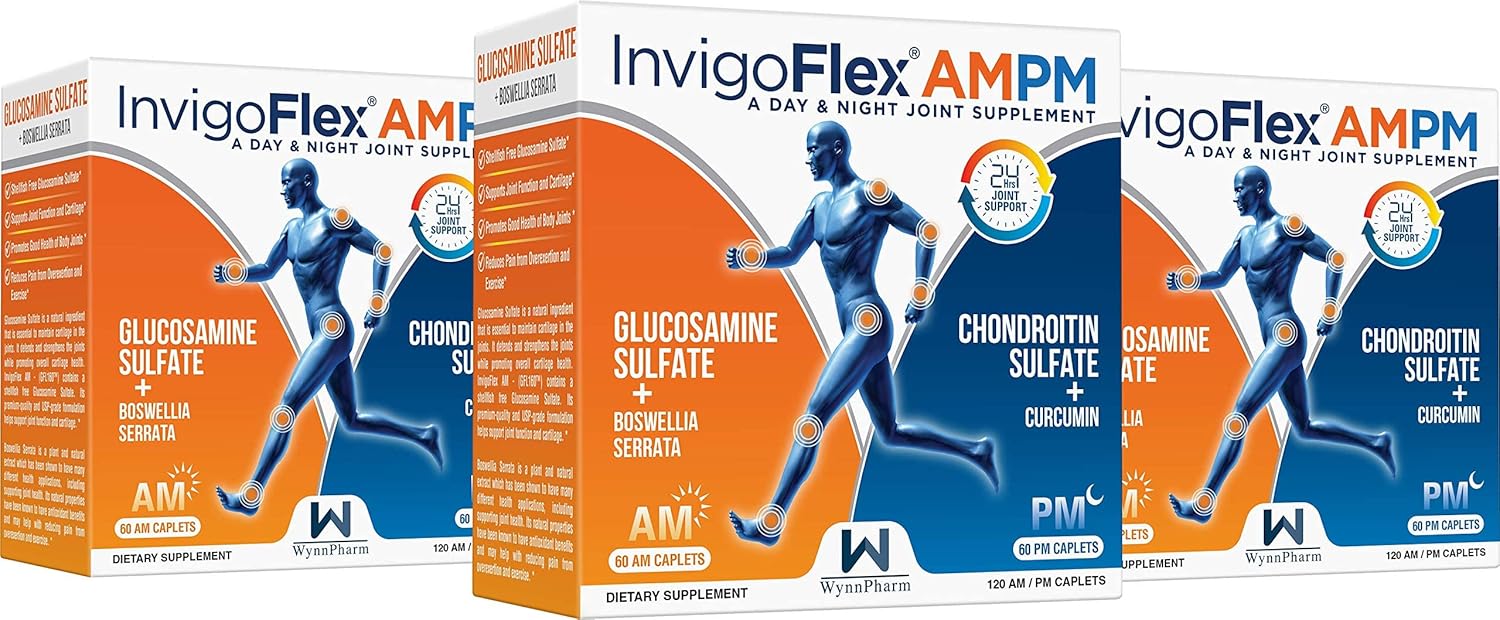 3 Pack of Generic INVIGOFLEX® AMPM - Premium Joint Supplement with Glucosamine, Chondroitin, Turmeric, and Boswellia Serrata for Knees, Hands, Back, and Hip - Non GMO - 24 Hour Support
