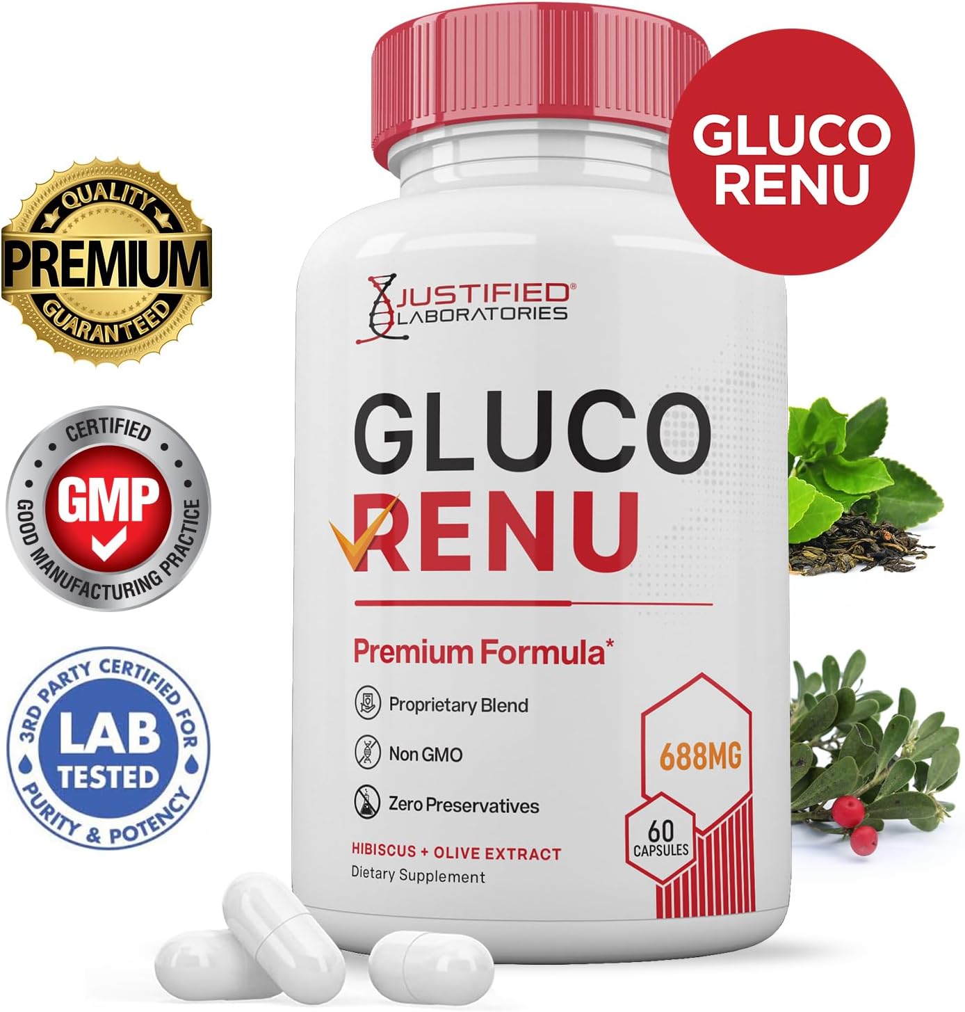 3 Pack of Gluco Renu Glycogen Support Pills with Premium Formula - 180 Capsules - Justified Laboratories Sugar Balance Supplement