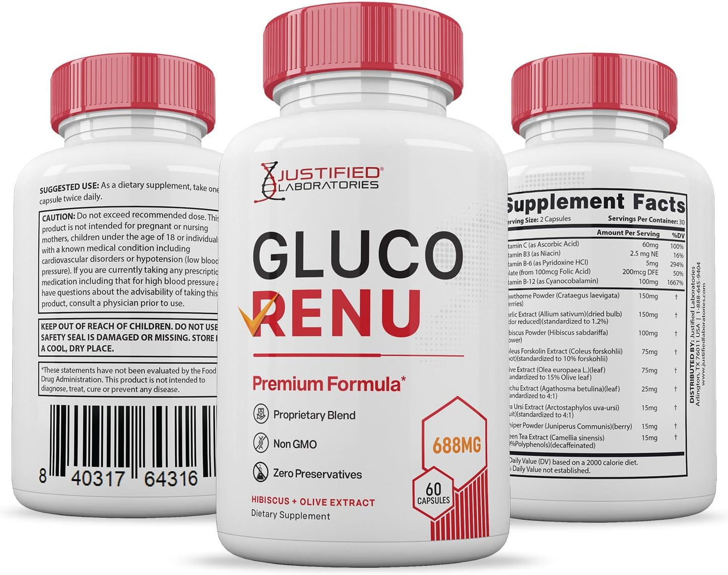 3 Pack of Gluco Renu Glycogen Support Pills with Premium Formula - 180 Capsules - Justified Laboratories Sugar Balance Supplement