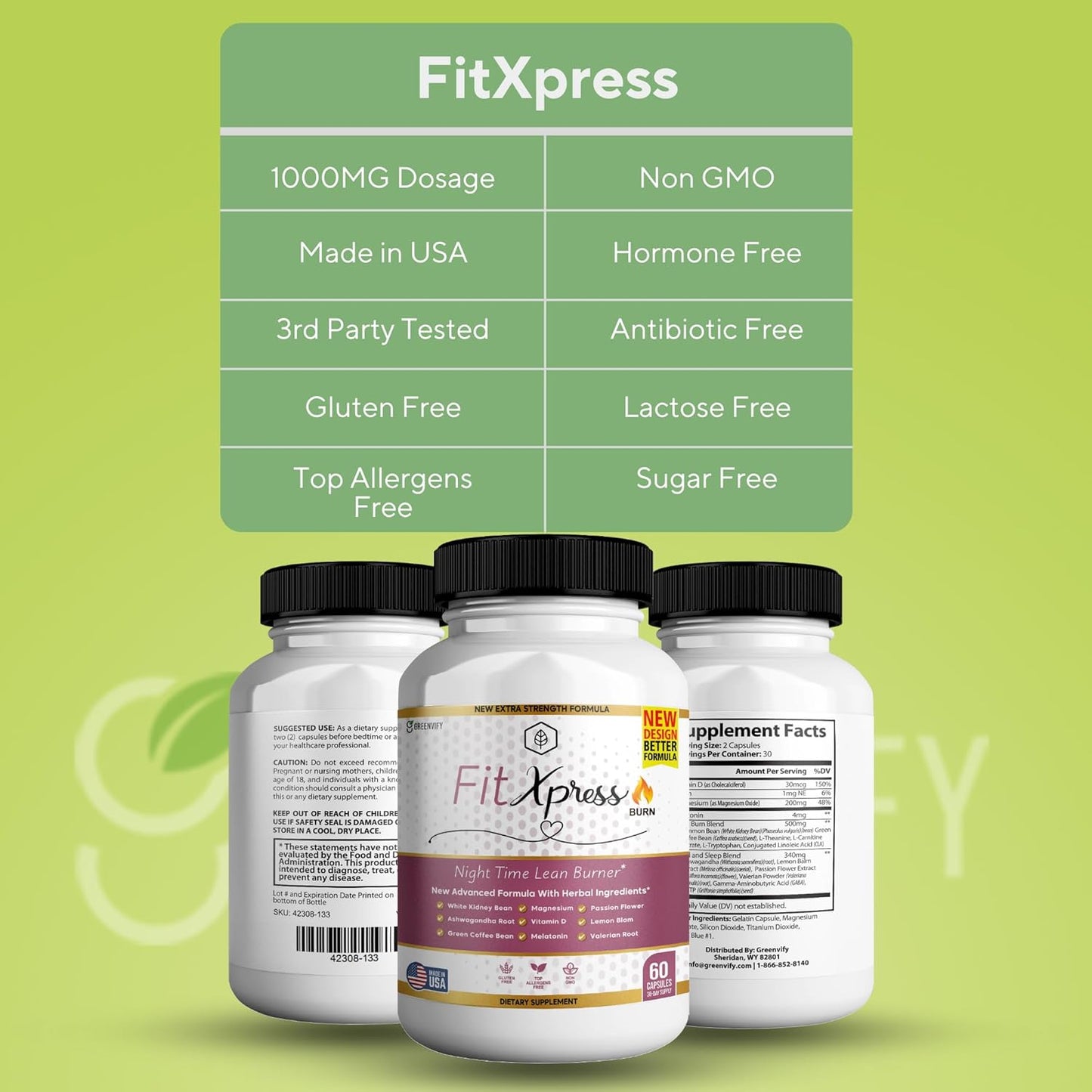 3-Pack of GREENVIFY FitXpress Burner: Powerful Anabolic Recovery Formula with Natural Sleep Aid, Magnesium, and Ashwagandha