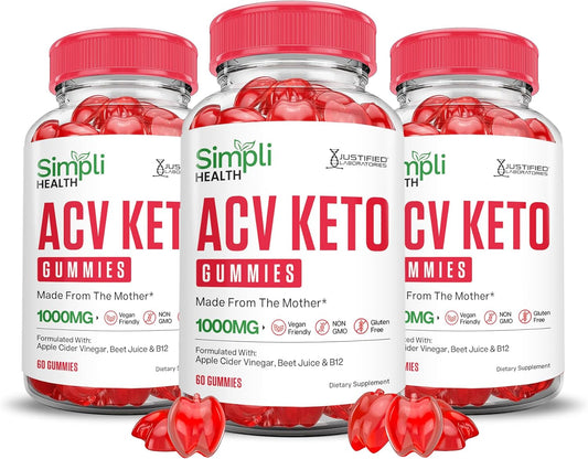 3 Pack of Justified Laboratories Simpli Health Keto ACV Gummies 1000MG - Ketonature Apple Cider Vinegar with Pomegranate Beet Juice Powder - B12 Vegan Non GMO - 180 Gummys