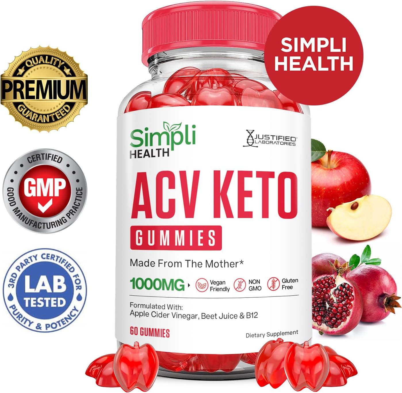 3 Pack of Justified Laboratories Simpli Health Keto ACV Gummies 1000MG - Ketonature Apple Cider Vinegar with Pomegranate Beet Juice Powder - B12 Vegan Non GMO - 180 Gummys