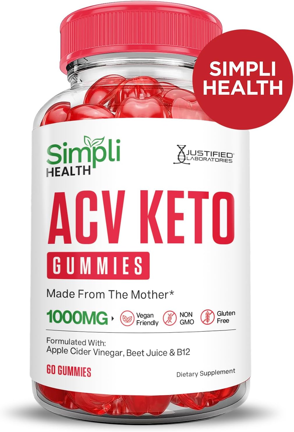 3 Pack of Justified Laboratories Simpli Health Keto ACV Gummies 1000MG - Ketonature Apple Cider Vinegar with Pomegranate Beet Juice Powder - B12 Vegan Non GMO - 180 Gummys