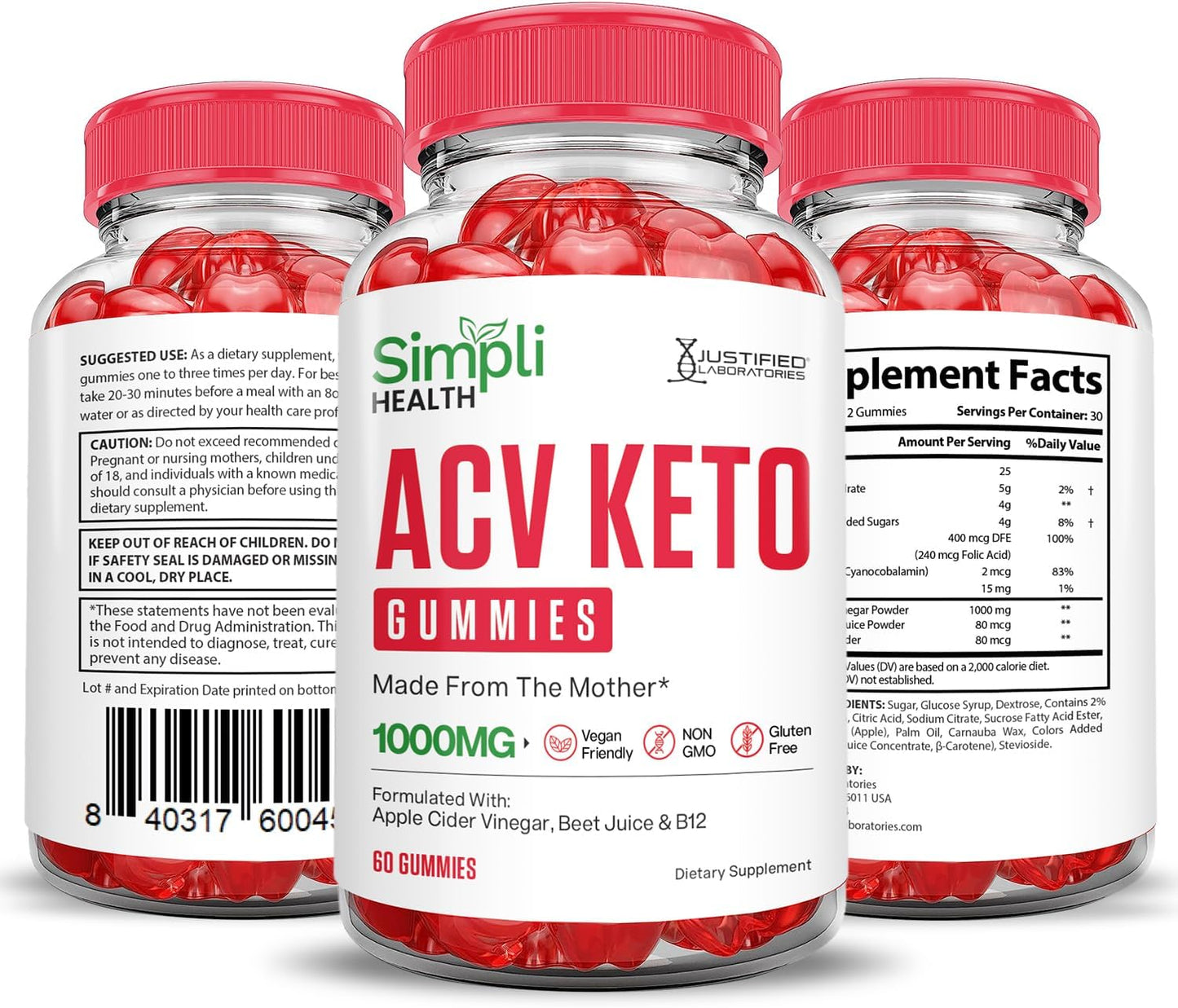3 Pack of Justified Laboratories Simpli Health Keto ACV Gummies 1000MG - Ketonature Apple Cider Vinegar with Pomegranate Beet Juice Powder - B12 Vegan Non GMO - 180 Gummys