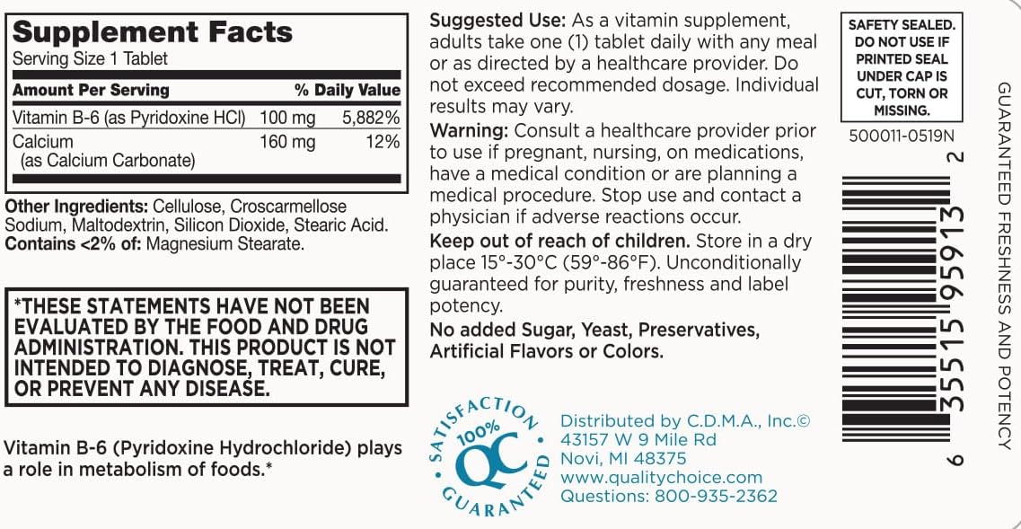 3 Pack of Quality Choice Vitamin B6 100mg Tablets - 100 Count Bottles