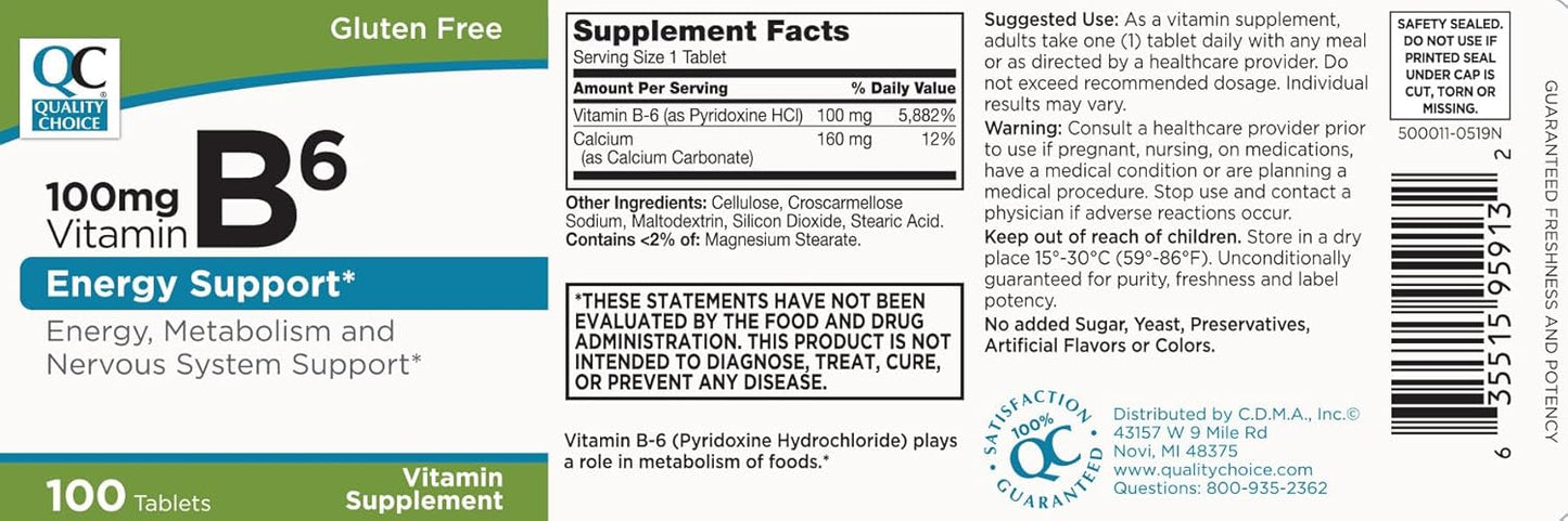 3 Pack of Quality Choice Vitamin B6 100mg Tablets - 100 Count Bottles