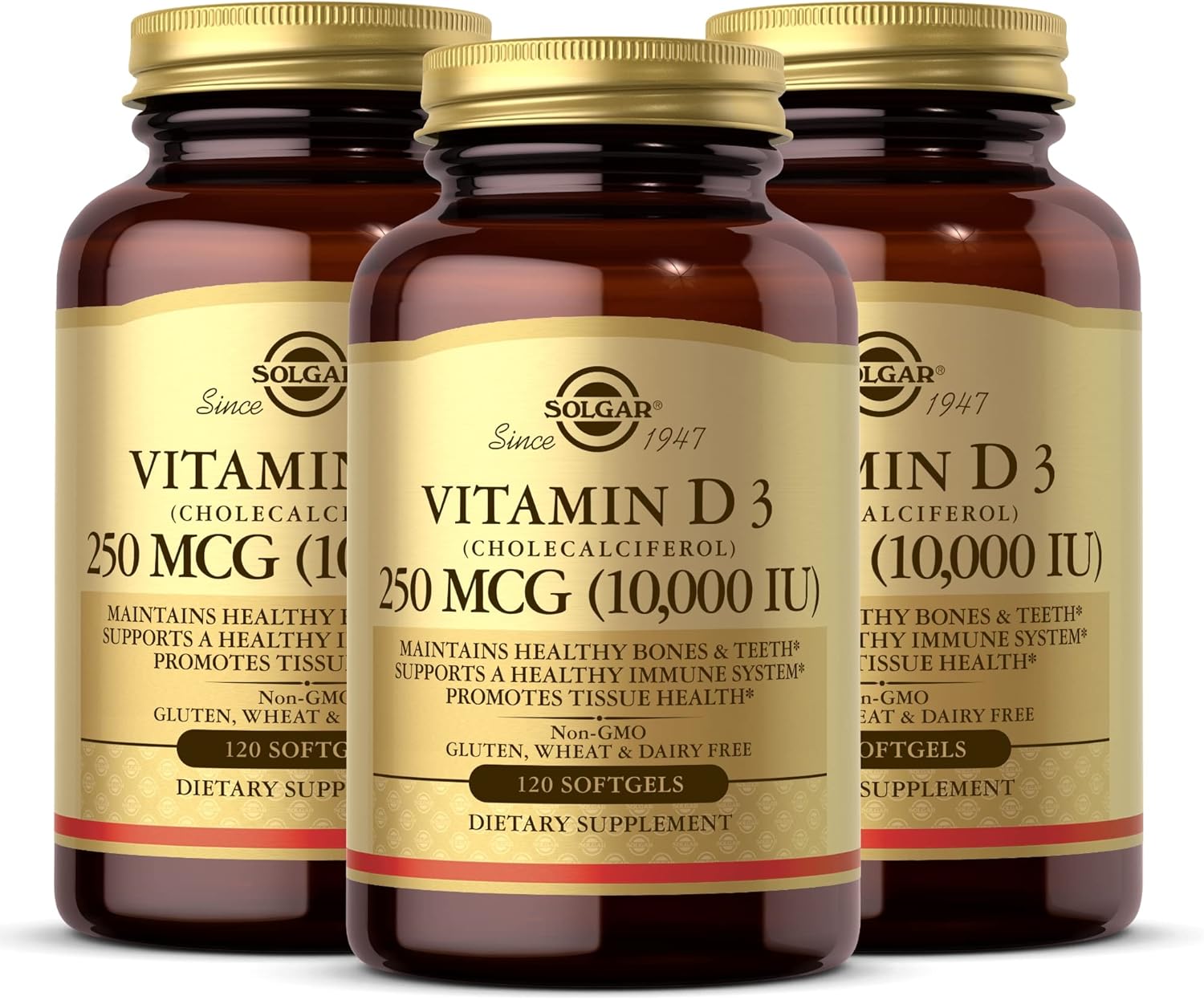 3 Pack of SOLGAR Vitamin D3 Softgels - 250 MCG (10,000 IU) - Supports Bone Health, Immune System - Non-GMO, Gluten Free - 360 Servings
