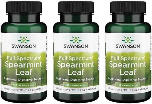 3 Pack of Swanson Spearmint Leaf Full Spectrum Herbal Supplement for Digestive Health & Stomach Issues - Natural Formula (60 Capsules, 400mg)