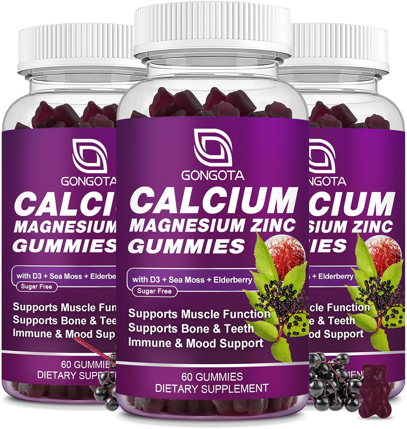 3 Pack of Vegan Calcium Magnesium Zinc Gummies with Vitamin D3 for Bone, Teeth, and Muscle Support - Sugar Free and Highly Absorbent Formula for Adults and Teens