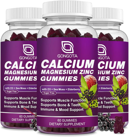 3 Pack of Vegan Calcium Magnesium Zinc Gummies with Vitamin D3 for Bone, Teeth, and Muscle Support - Sugar Free and Highly Absorbent Formula for Adults and Teens
