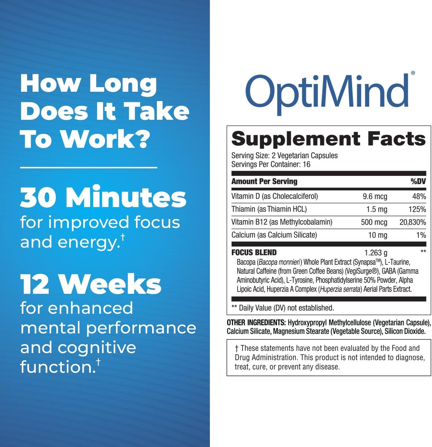 3-Pack Optimind Nootropic Brain Supplement for Enhanced Focus, Memory, and Energy - Bacopa, Tyrosine, Huperzine A, GABA - 96 Capsules