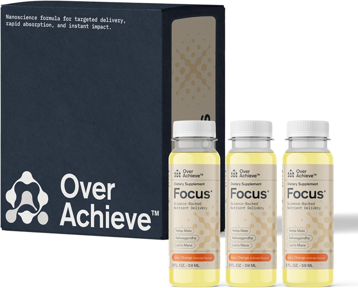 3 Pack Overachieve Focus Drink with Yerba Mate, Ashwagandha, Lions Mane - Orange, 2oz