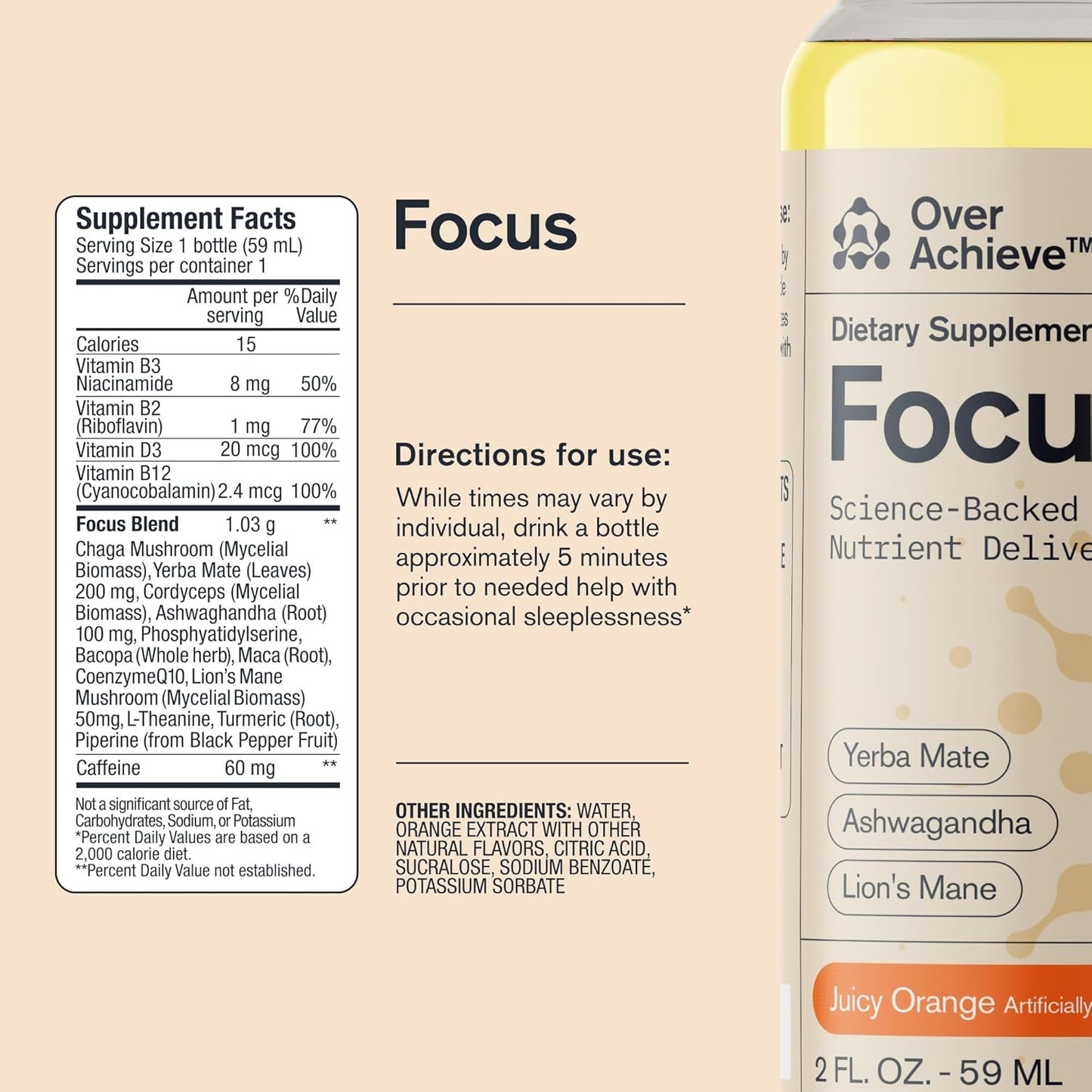 3 Pack Overachieve Focus Drink with Yerba Mate, Ashwagandha, Lions Mane - Orange, 2oz