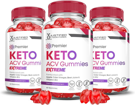 3 Pack Premier Keto ACV Gummies for Advanced Weight Loss - 2000MG Extreme Formula with Apple Cider Vinegar, Pomegranate, Beet Juice Powder, B12 - Vegan & Non GMO - 180 Gummies